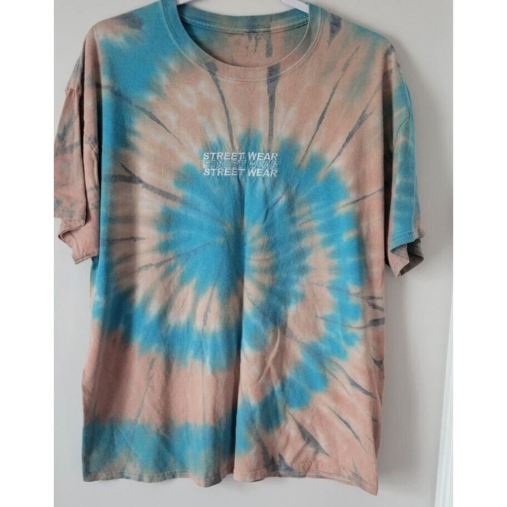 Street Wear Mens XL Distressed Swirl Tie Dye Acid Wash T-Shirt Blue-Tan